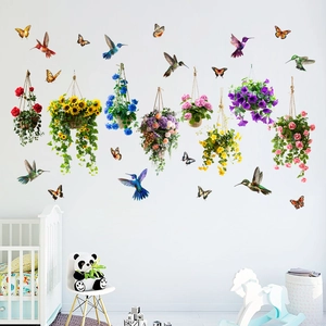 Sunflower flower basket wall decals with hummingbirds and butterflies for nursery decor