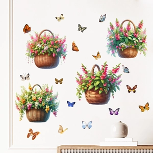 Détail des stickers muraux paniers de fleurs et papillons colorés pour la décoration
