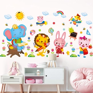 Cartoon Animal Education Wall Stickers Waterproof PVC Decal For Kids Room Nursery Decor Elephant Lion Pattern DIY Poster