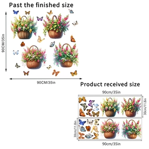 Détail de stickers muraux paniers de fleurs avec mise en page et dimensions 90x90cm
