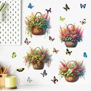 Stickers muraux imperméables avec paniers de fleurs peints à la main et papillons colorés