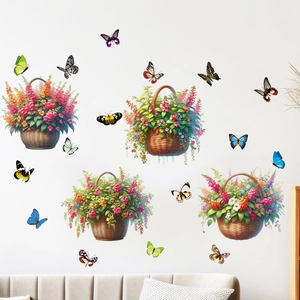 Détail de stickers muraux imperméables avec paniers de fleurs et papillons colorés
