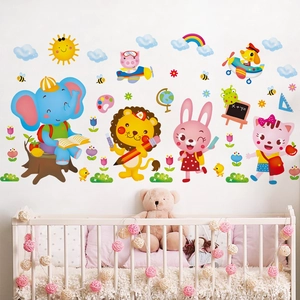 Cartoon animal wall stickers with elephant and lion for kids room decor