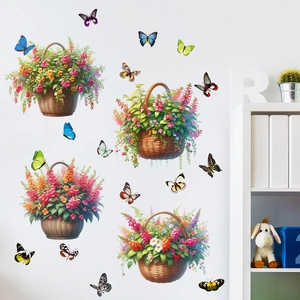 Détail de stickers muraux imperméables avec paniers de fleurs et papillons colorés
