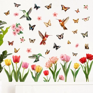 Hummingbird Tulip Flower Petal PVC Wall Sticker Self-Adhesive Waterproof Wall Decal For Living Room Bedroom Decor