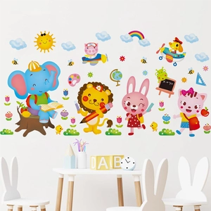 Cartoon animal educational wall stickers with lion elephant and rainbow for kids room