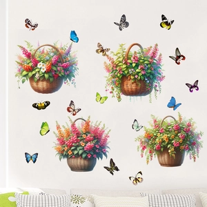 Détail de stickers muraux étanches avec 4 paniers de fleurs et 12 papillons colorés