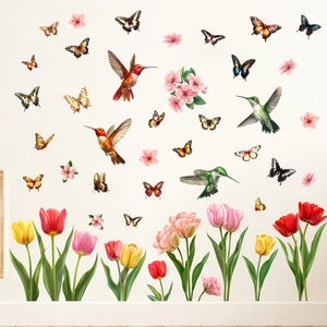 Self-adhesive hummingbird and tulip flower wall decals for living room bedroom decor