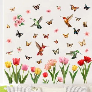 Self-adhesive wall stickers with hummingbirds, tulips, and butterflies for home decoration