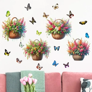 Détail de stickers muraux en PVC imperméables avec paniers de fleurs et papillons colorés