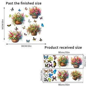 Détail de stickers muraux panier fleuri et papillons avec dimensions de 90x90cm
