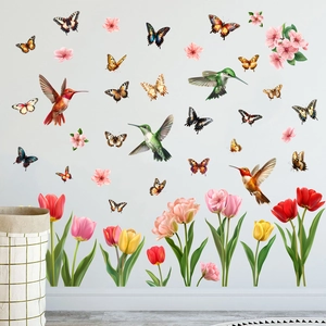 Self-adhesive wall decals with hummingbirds and colorful tulips for living room decor