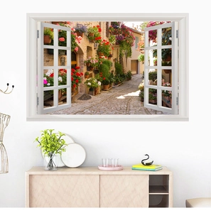 3D faux window wall decal featuring a floral European street view on a modern white wall
