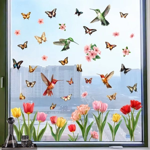 Hummingbird Butterfly Tulip Static Cling Window Stickers PVC Flower Bird Glass Decals For Home Kitchen Living Room Decor