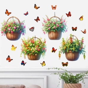 Détail de stickers muraux imperméables avec paniers de fleurs et papillons pour décoration