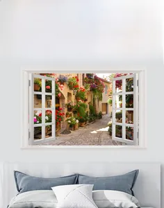 Detailed 3D fake window wall sticker showing a blooming European flower street scene