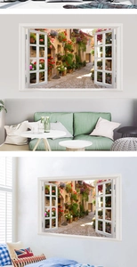 3D fake window wall decal showing a blooming European flower street with visual depth