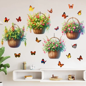 Vue détaillée des stickers muraux paniers de fleurs avec papillons 3D sur un mur blanc