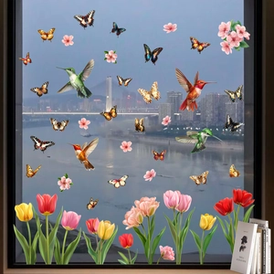 Floral hummingbird and butterfly static window clings for decorative glass home display