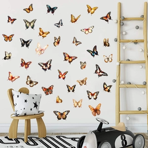 Detail of colorful realistic butterfly wall stickers arranged above a wooden chair