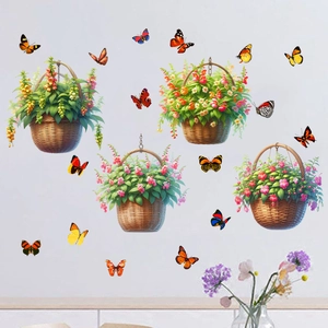 Stickers muraux autocollants avec quatre paniers de fleurs et papillons multicolores