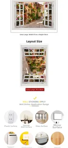 3D window wall sticker showing flower street scenery with size details 87x58cm