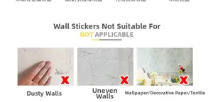 Guide showing unsuitable surfaces for wall stickers like peeling or uneven walls