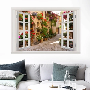 3D Mediterranean flower alley fake window wall sticker for living room decor