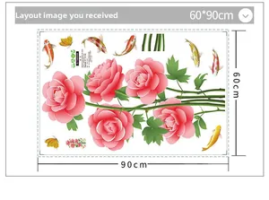 Plan détaillé 60x90cm de stickers muraux étanches avec roses roses et poissons koi