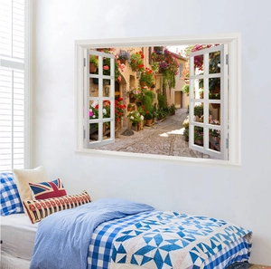 3D false window wall sticker featuring a floral European street view for home decor