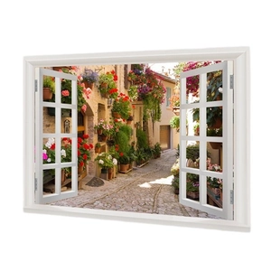 3D fake window wall sticker featuring a blooming European flower street landscape