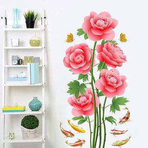 Stickers Muraux Imperméables en PVC Motif Rose Papillon Carpe Koi Autocollants Amovibles Pour Décoration Salon Chambre