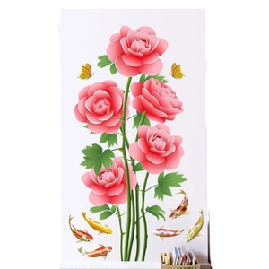 Stickers muraux autocollants avec roses roses, papillons jaunes et poissons koi colorés