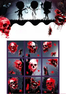 Detailed Halloween window stickers showing bloody skulls, zombie faces and handprints