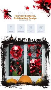 Detailed Halloween window decals with 3D blood handprints and skulls on glass