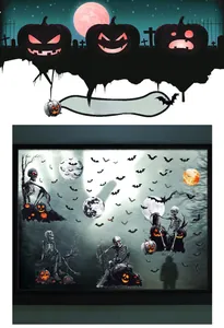 Detailed view of Halloween static clings featuring skulls, pumpkins, bats and moon phases