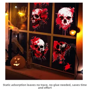 Static Halloween window stickers with skulls and blood splatter on a glass surface
