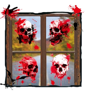 Detail of Halloween window clings featuring skulls, blood splatters, and bats for decor