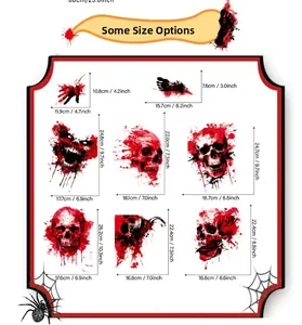 Detailed size chart showing dimensions for Halloween skull and blood handprint window decals