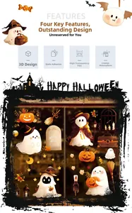 Detail of 3D Halloween static stickers showing ghost and pumpkin on glass window