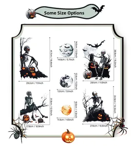 Size guide for Halloween static stickers featuring skeleton, ghost, and moon dimensions