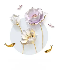 Detailed view of 3D embossed tulip wall sticker with gold edges and butterfly details