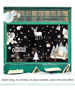 Static Christmas window clings showing Santa, reindeer and snowman on glass pane