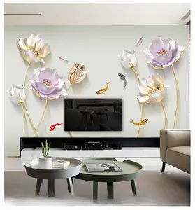 Detailed view of 3D tulip wall stickers with gold fish and butterfly for living room