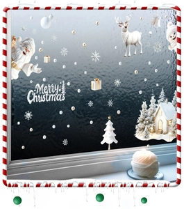 Detailed Christmas window decals showing Santa, reindeer, and snowflakes on glass