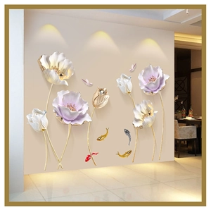 Detailed 3D self-adhesive tulip wall decor with koi fish and butterflies for bedroom
