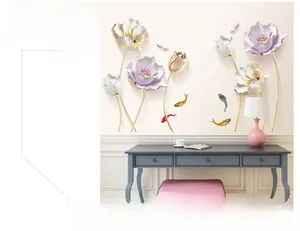 Detailed relief of 3D tulip flowers and fish wall stickers for elegant home decor