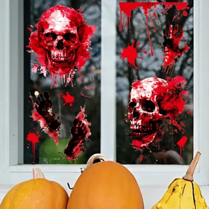 Halloween window decals featuring red skull, bloody handprints, and splatter on glass