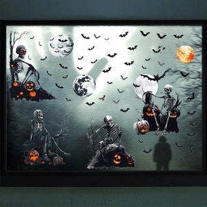 Halloween 3D static window decals featuring ghosts, skeletons, bats, and glowing pumpkins