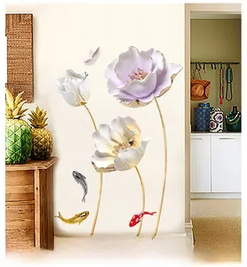 Detailed close-up of 3D waterproof tulip wall stickers with koi fish and butterfly